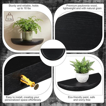 4 Pcs Solid Wood Half Round Floating Wall Shelves, Elegant Floating Wooden Shelves, 8.27 Inch Wall Shelf for Living Room, Bathroom, Bedroom, Offices, Pictures Plant Book (Black)