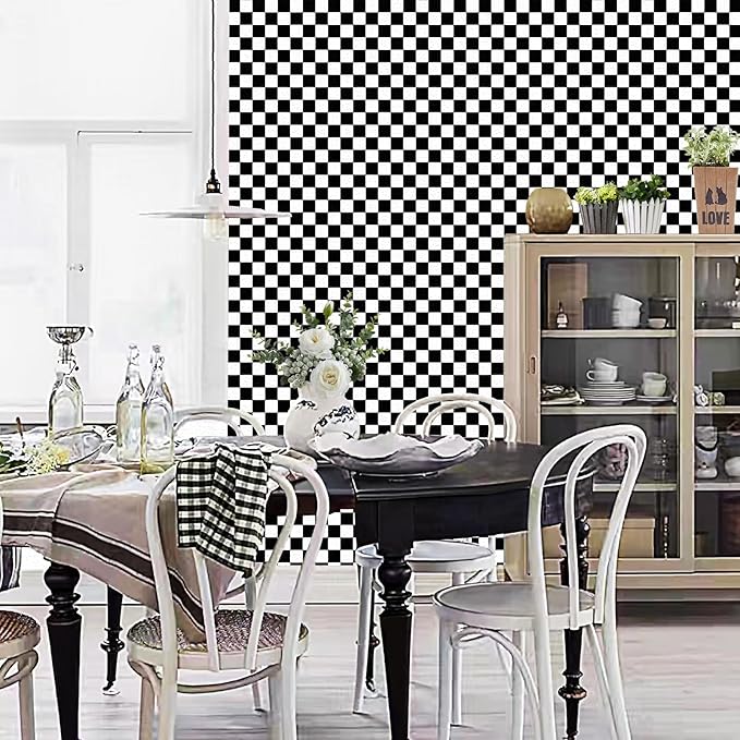 Black and White Contact Paper Checkered Peel and Stick Wallpaper Self Adhesive Waterproof Vinyl Roll for Bathroom Kitchen Backsplash Cabinets Shelf Liners Drawers A Set of 17.3"x1200"