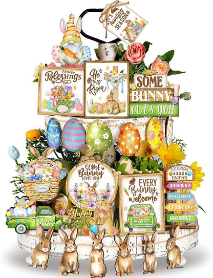 Amyhill 24 Pcs Easter Tiered Tray Decor Bunny Easter Spring Decorations Farmhouse Wooden Signs Gnome Egg Flower Tiered Tray Decor for Home Kitchen Coffee Bar Table Shelf