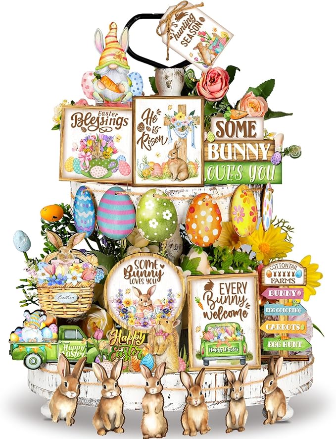 Amyhill 24 Pcs Easter Tiered Tray Decor Bunny Easter Spring Decorations Farmhouse Wooden Signs Gnome Egg Flower Tiered Tray Decor for Home Kitchen Coffee Bar Table Shelf