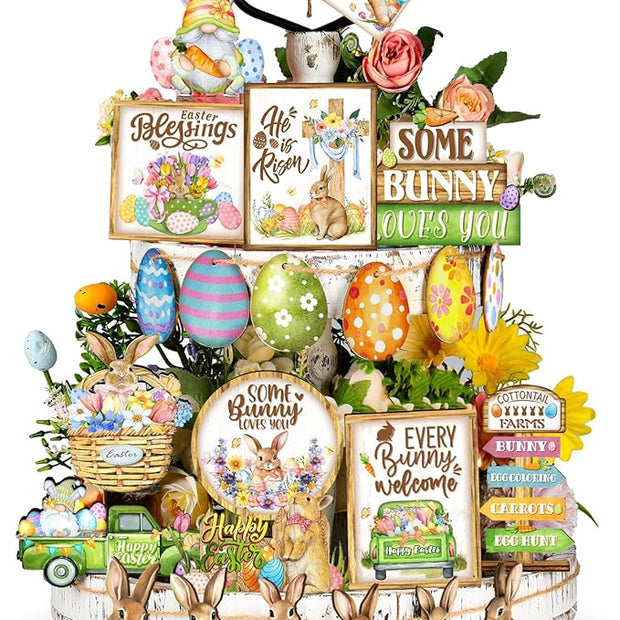 Amyhill 24 Pcs Easter Tiered Tray Decor Bunny Easter Spring Decorations Farmhouse Wooden Signs Gnome Egg Flower Tiered Tray Decor for Home Kitchen Coffee Bar Table Shelf