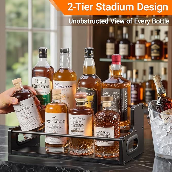 2-Tier Liquor Bottle Display Shelf, Coffee Syrup Rack Organizer, Water Bottle Organizer, Mini Bar Cabinet, Rustic Bar Shelves for Liquor Whiskey, Spirits（Black）