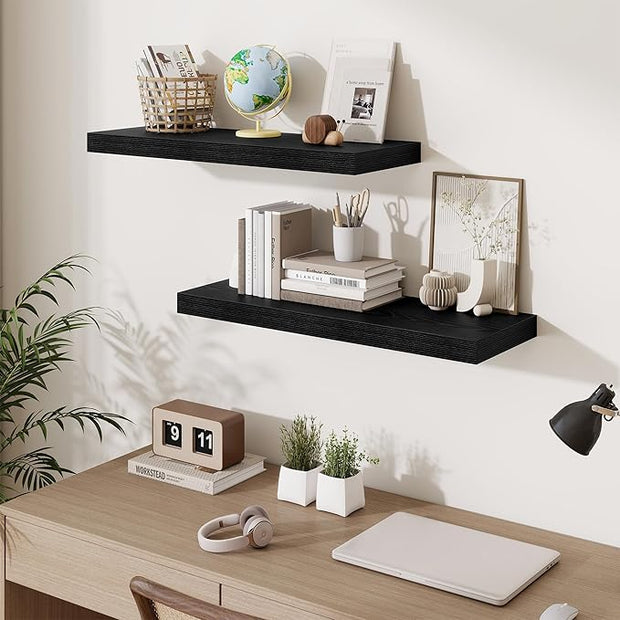 Fun Memories Floating Shelves for Wall, 30 Inch Long Floating Shelves Set of 2, 30 x 10 Wooden Shelves for Wall, Large Storage Shelves, Hanging Shelves for Bathroom Kitchen Bedroom, Black