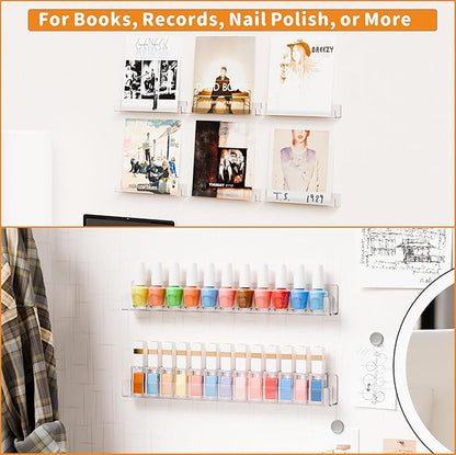 4 Pack Vinyl Record Wall Display,15" Acrylic Invisible Floating Bookshelf for Kids Room,Clear Wall Mounted Hanging Book Shelves,Modern Picture Ledge Display and Album Vinyl Wall Mount Shelf