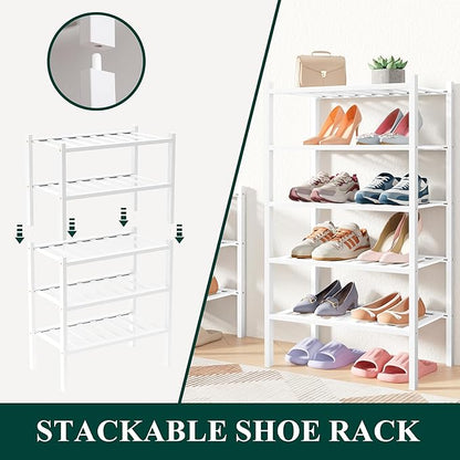 Smiry Bamboo Shoe Rack for Closet, 6 Tier Small Wooden Stackable Shoe Organizer, Free Standing Shoes Storage Shelf for Entryway, Front Door Entrance, White