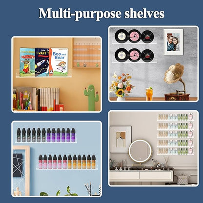 6 Pack Black Nail Polish Wall Rack 15 Inch Acrylic Floating Display Shelves with Anti-slip End Guards for Tattoo Ink Essential Oils Figurine Display Spice Rack Kids Bookshelf for Salons Retailers Home