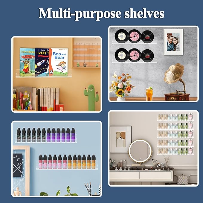 6 Pack Nail Polish Wall Rack 15 Inch 6 Pack Acrylic Floating Shelves Kids Bookshelf Tattoo Ink Essential Oils Figurine Display Shelf Spice Rack for Salons Retailers Home (White)
