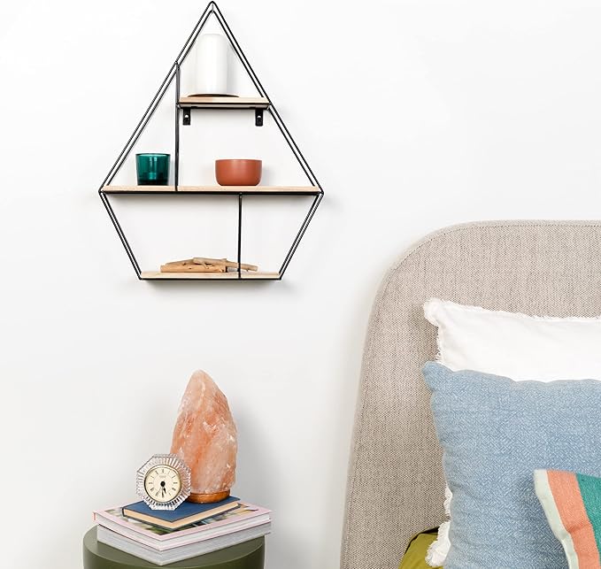 Greenco Geometric Diamond Gem Shaped Mounted Floating Shelves, Home Decor, Metal Wire and Rustic Wood Wall Storage Shelves for Bedroom, Living Room, Bathroom, Kitchen, Office