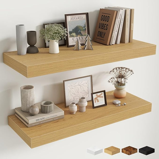 Fun Memories 32 x 12 Floating Shelves Wall-Mounted - Rustic Wood Shelf - 12 Inch Deep Floating Shelves for Wall - Large Storage Shelf for Bathroom - Kitchen & Bedroom - Oak - Set of 2