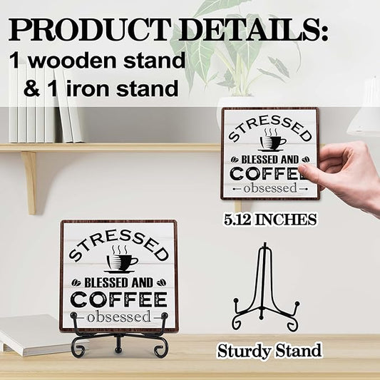 Coffee Bar Decor, Farmhouse Kitchen Table Decor, Coffee Station Accessories, Wooden Decorative Sign with Iron Stand for Table Desk Shelf Display-E15