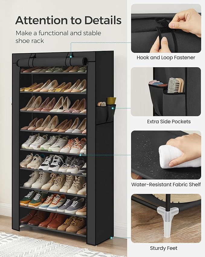 SONGMICS 10-Tier Shoe Rack, Shoe Storage Cabinet with Dustproof Cover, Free-Standing Shoe Storage Organizer for Closet, Entryway, Hold 40-50 Pairs of Shoes, for Sneakers, High Heels, Black URXJ36HV1