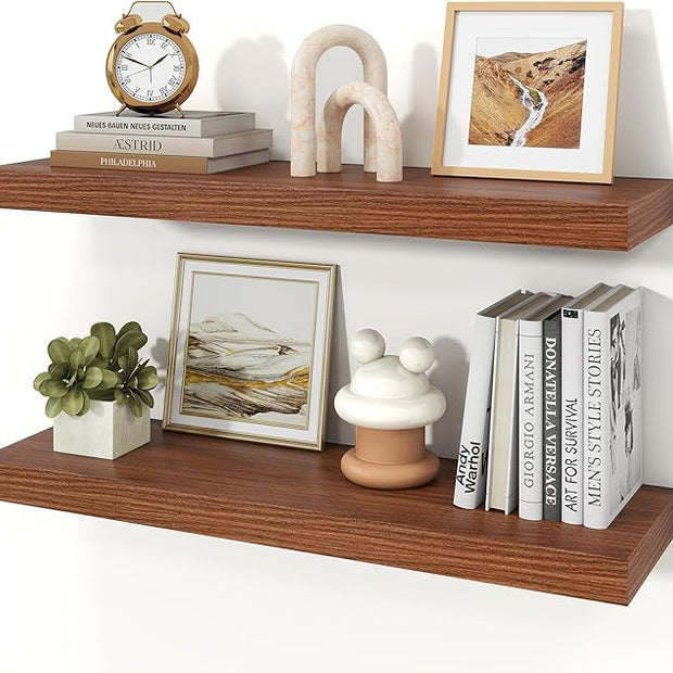 Floating Shelves for Wall, 9.3" Deep Wall Mounted Wood Shelves for Bathroom, Bedroom, Living Room, Kitchen, Hanging Shelf for Books/Storage/Room Decor (Walnut, 30")