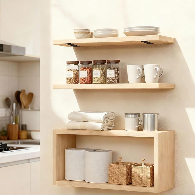 Wall Mounted Floating Shelf, c Long for Bedroom Living Room Kitchen Staircase Bathroom Above Toilet Wall Decoration Book Storage Room Recoration (3piece Set) Natural Wood Color
