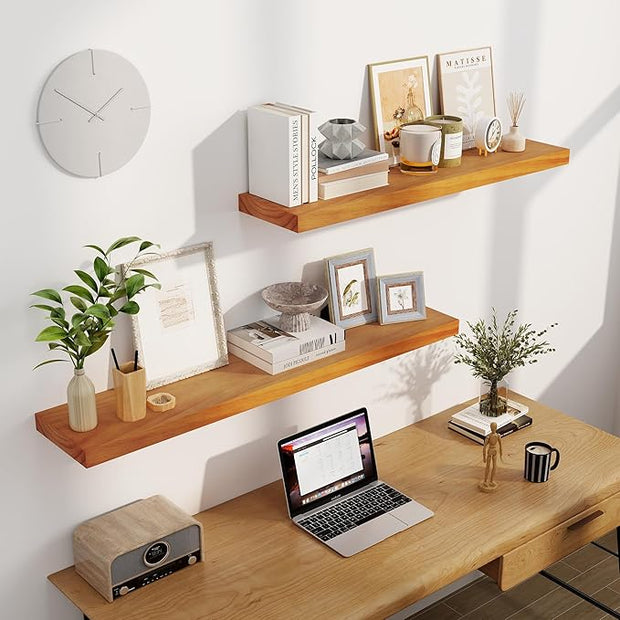 Fun Memories Floating Shelves, 9.3 Inch Deep Solid Pine Wood Wall Shelves for Storage, Rustic Wall Mounted Display Shelf with Invisible Heavy-Duty Metal Bracket, 48 Inch Width, Honey Oak