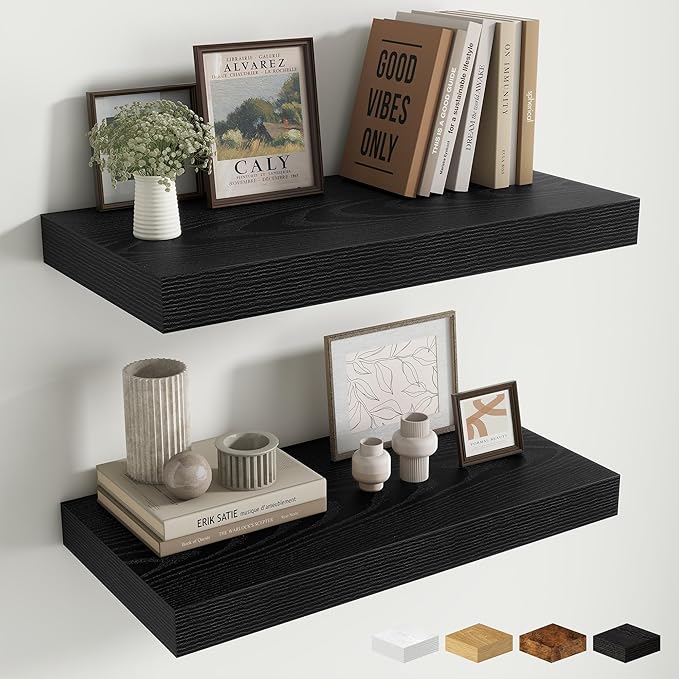 Fun Memories 24 Inch Floating Shelves Wall-Mounted, 12 Inch Deep Wall Shelves, 24 x 12 Floating Shelf, Deep Storage Shelf for Living Room Bathroom Bedroom, Black, Set of 2