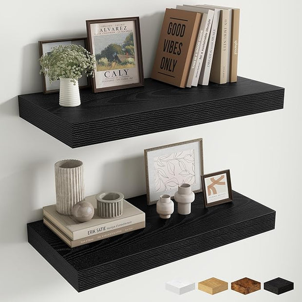 Fun Memories 24 Inch Floating Shelves Wall-Mounted, 12 Inch Deep Wall Shelves, 24 x 12 Floating Shelf, Deep Storage Shelf for Living Room Bathroom Bedroom, Black, Set of 2