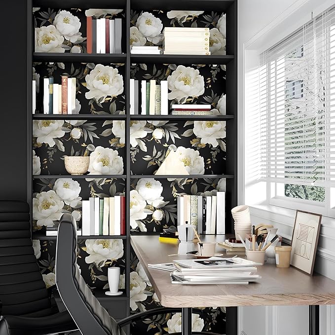 Dark Floral Wallpaper Peel and Stick Boho Wallpaper 17.5in x393in White Floral Contact Paper Self Adhesive Waterproof Vintage Flowers Wall Paper for Bedroom Walls Countertop(White,Golden)