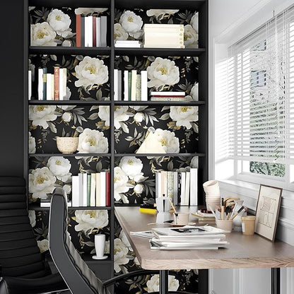 Dark Floral Wallpaper Peel and Stick Boho Wallpaper 17.5in x393in White Floral Contact Paper Self Adhesive Waterproof Vintage Flowers Wall Paper for Bedroom Walls Countertop(White,Golden)