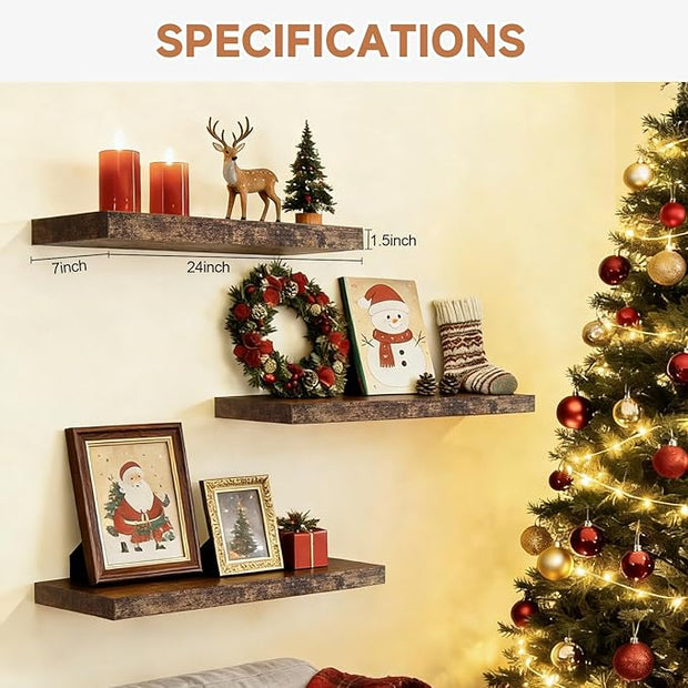 Assembly Easy Floating Shelves Set of 3,24 Inch Wall Mounted Wooden Shelf, Rustic Hanging Shelves for Home Decor, Books and Storage, Organizer for Bedroom,Small Bathroom,Kitchen,Vintage Brown