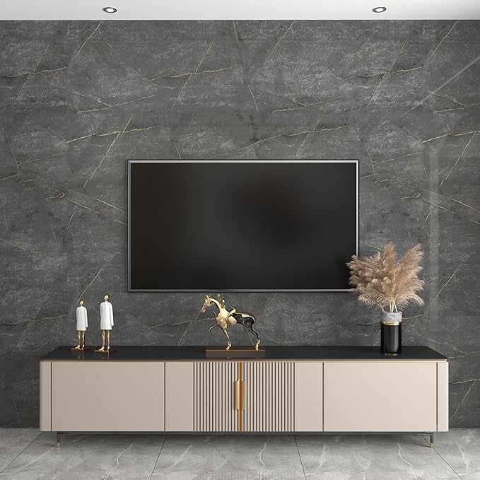 JSEVEM 31"×354" Extra Wide Thick Large Size Dark Grey Cyan Gold Marble Wallpaper Peel and Stick Glossy Gray Cyan Marble Contact Paper Faux Granite Wall Sticker for Bedroom Bathroom Living Room Walls