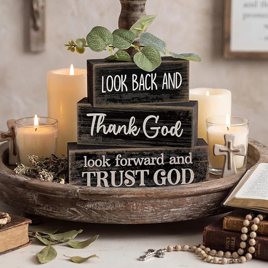 4 Pcs Christian Table Decor Inspirational Gifts for Women Look Back and Thank God Look Forward and Trust God Wooden Block Signs Farmhouse Christian Centerpiece for Mother's Day Home Office