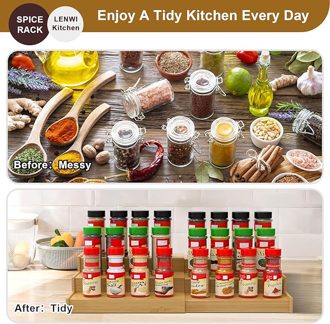 Spice Rack Organizer for Cabinet, 3 Tier Expandable Bamboo Spice Storage for Kitchen Cupboard Pantry