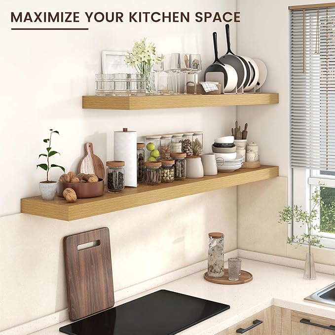 Floating Shelves for Wall, 72 Inch Wide x 12 Inch Deep Floating Shelves, Long Wood Floating Wall Shelf Shelves for Living Room Bathroom Bedroom Kitchen Home - (Oak, 72