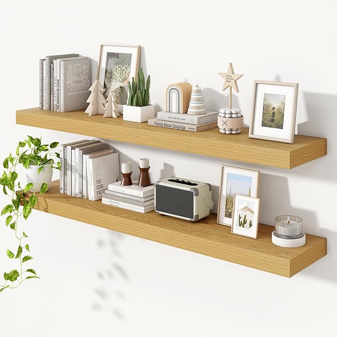 Heimlove Floating Shelves for Wall 55 Inch Long,Extra Large and Thick Wood Shelves Mounted Storage Hanging Shelf Invisible Bracket for Bedroom,Living Room,Kitchen,Office,Set of 2,Oak