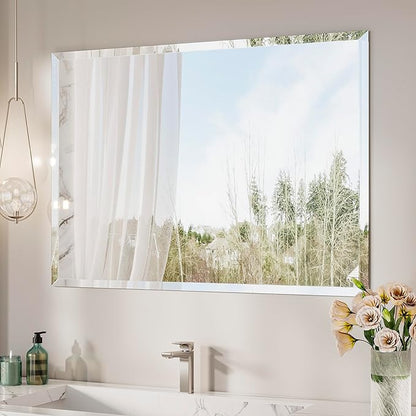 Keonjinn 40 x 30 Inch Bathroom Mirror with Beveled Edge, Frameless Mirrors for Over Sink, Rectangle Wall Mirror Shatterproof, Modern Decorative for Living Room, Entryway, Bedroom, Horizontal/Vertical