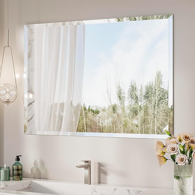 Keonjinn 40 x 30 Inch Bathroom Mirror with Beveled Edge, Frameless Mirrors for Over Sink, Rectangle Wall Mirror Shatterproof, Modern Decorative for Living Room, Entryway, Bedroom, Horizontal/Vertical