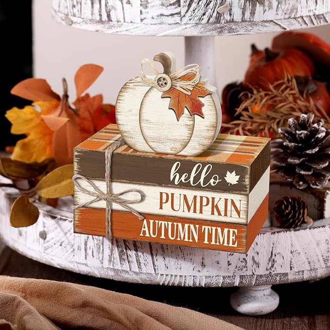 Geelin 4 Pcs Fall Tiered Tray Decorations Thanksgiving Wooden Pumpkin and Maple Leaf Book Stack Signs, Autumn Vintage Table Decoration for Home Office Table Shelf Centerpiece Farmhouse Decorations