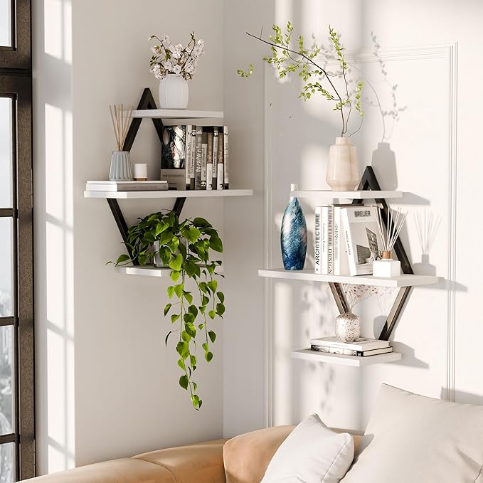 Floating Shelves, Wall Shelf Set of 2, Wall Mounted Shelves, 3-Tier Hanging Wall Shelves for Bathroom, Living Room, Bedroom, Kitchen, Office (White)