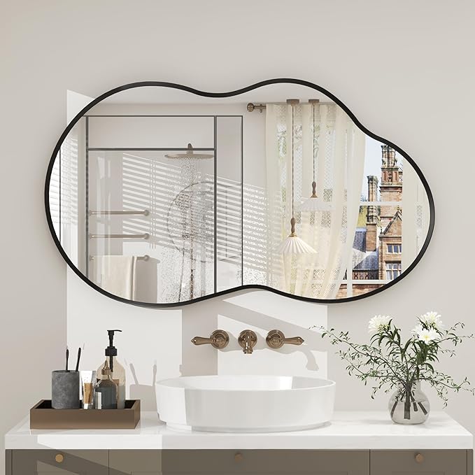 20x36 Matte Black Irregular Mirror, Black Bathroom Vanity Mirror for Bathroom Bedroom Living Room, Decor Wall Mirror, Shatterproof, Anti-Rust (Horizontally/Vertically)