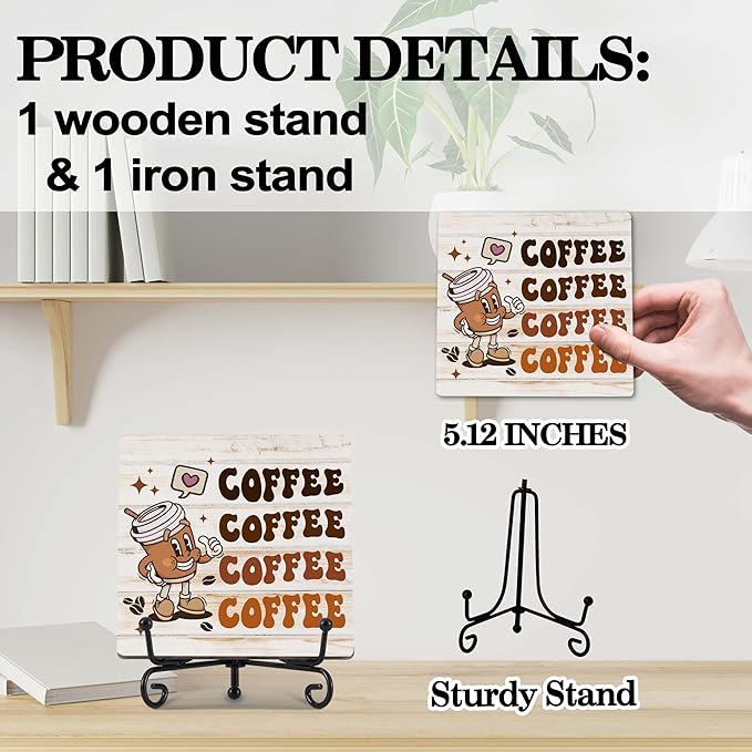 Coffee Bar Decor, Farmhouse Kitchen Table Decor, Coffee Station Accessories, Wooden Decorative Sign with Iron Stand for Table Desk Shelf Display-E29