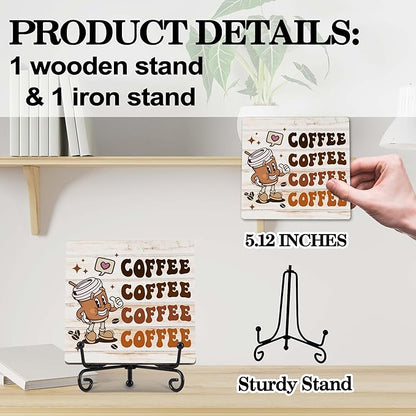 Coffee Bar Decor, Farmhouse Kitchen Table Decor, Coffee Station Accessories, Wooden Decorative Sign with Iron Stand for Table Desk Shelf Display-E29