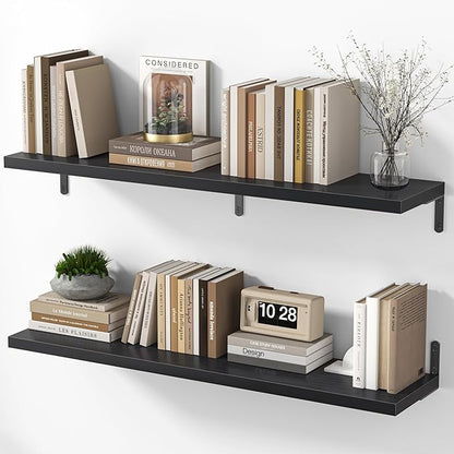 Marsmiles Extra Wide Floating Shelves for Wall, 40x8 Inch Natural Wood Grain Bookshelves, Heavy Duty Mounted Shelving for Bathroom, Kitchen, Living Room, Bedroom,Set of 2，Black