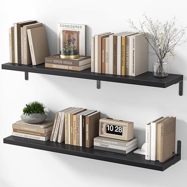 Marsmiles Extra Wide Floating Shelves for Wall, 40x8 Inch Natural Wood Grain Bookshelves, Heavy Duty Mounted Shelving for Bathroom, Kitchen, Living Room, Bedroom,Set of 2，Black