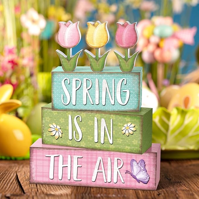 Marsui 4 Pcs Spring Table Decorations Tulip Flower Wooden Block Signs Pastel Tulip Tabletop Centerpieces Farmhouse Distressed Easter Spring Decor for Home Table Kitchen Shelf Tiered Tray Decor