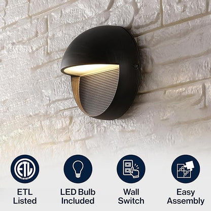 JONATHAN Y 6.25" Rustic Black Modern Round Outdoor Integrated LED Wall Sconce Light, Metal/Glass Waterproof Exterior Downlight for Porch, Patio, and Entryway, ETL Listed (JYL7441C)