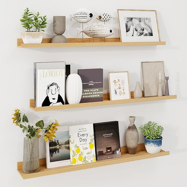 Axeman 40 Inch Floating Shelves | Oak Picture Ledge Shelf Set of 3 | Rustic Wood Wall Shelves with Lip | 40" Oak Picture Shelf for Wall with Ledge | Photo Shelves
