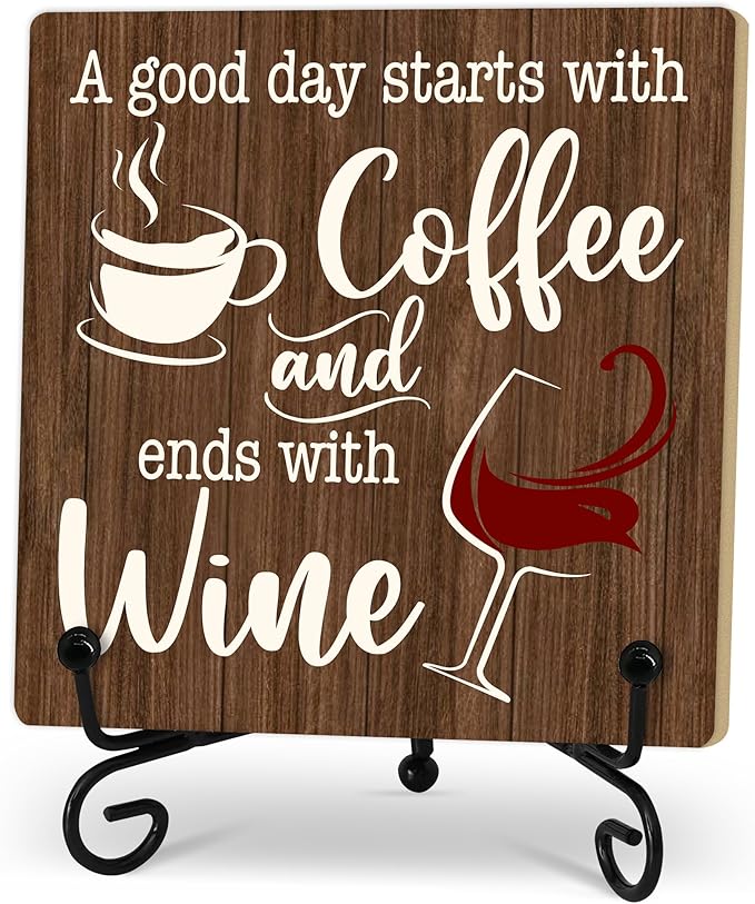 Coffee And Wine Desk Decor Sign, Rustic Wooden Sign With Stand, A Good Day Starts With Coffee And Ends With Wine Sign For Farmhouse Home Kitchen Bar Shelf Table, Gifts For Family Friend Coworker-02