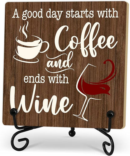 Coffee And Wine Desk Decor Sign, Rustic Wooden Sign With Stand, A Good Day Starts With Coffee And Ends With Wine Sign For Farmhouse Home Kitchen Bar Shelf Table, Gifts For Family Friend Coworker-02