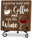 Coffee And Wine Desk Decor Sign, Rustic Wooden Sign With Stand, A Good Day Starts With Coffee And Ends With Wine Sign For Farmhouse Home Kitchen Bar Shelf Table, Gifts For Family Friend Coworker-02