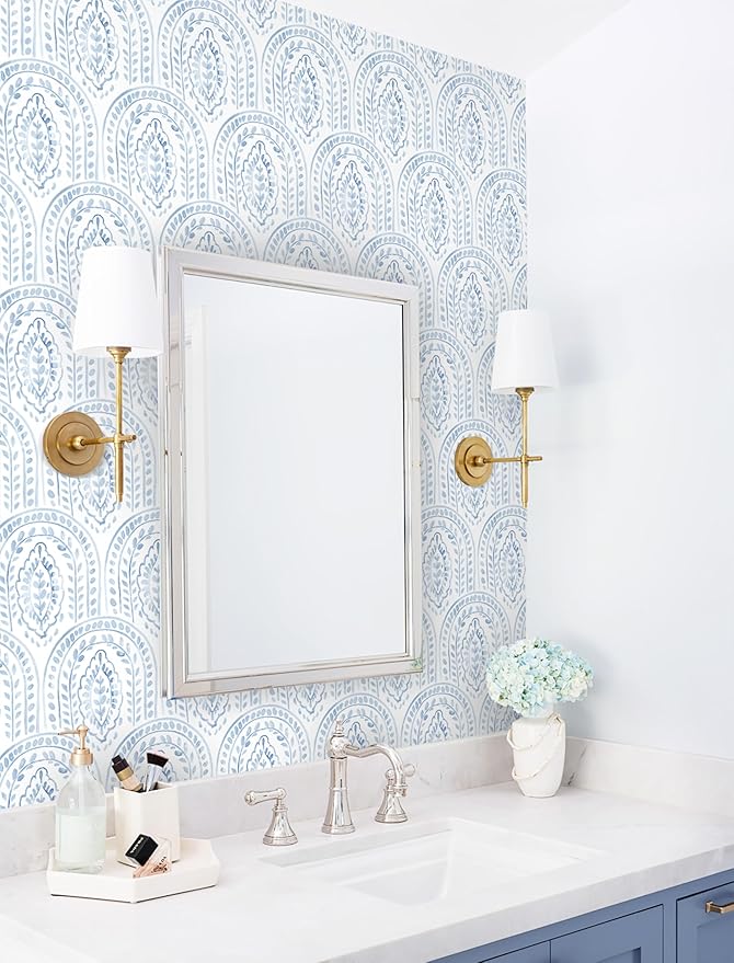 EeeComing Blue Peel and Stick Wallpaper Boho Wall Paper Peel and Stick Modern Contact Paper Self Adhesive Wallpaper for Bedroom and Bathroom Removable Cabinet Shelf Liner Vinyl 17.3”X118.1”