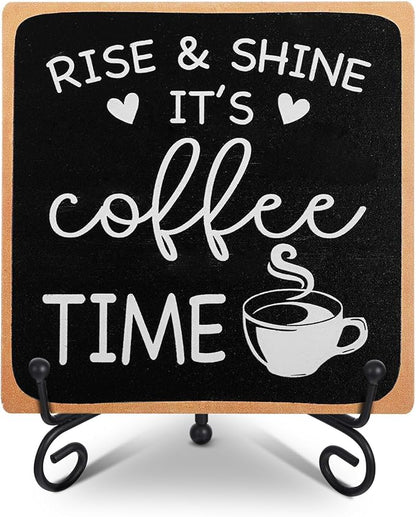 Wooden Coffee Sign Rise & Shine It's Coffee Time Decor Funny Bar Accessories Decorations Supplies Farmhouse Wood Plaque with Stand for Women Men Home Office Kitchen Tabletop Shelf