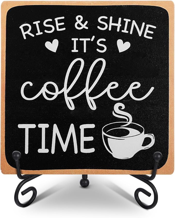 Wooden Coffee Sign Rise & Shine It's Coffee Time Decor Funny Bar Accessories Decorations Supplies Farmhouse Wood Plaque with Stand for Women Men Home Office Kitchen Tabletop Shelf