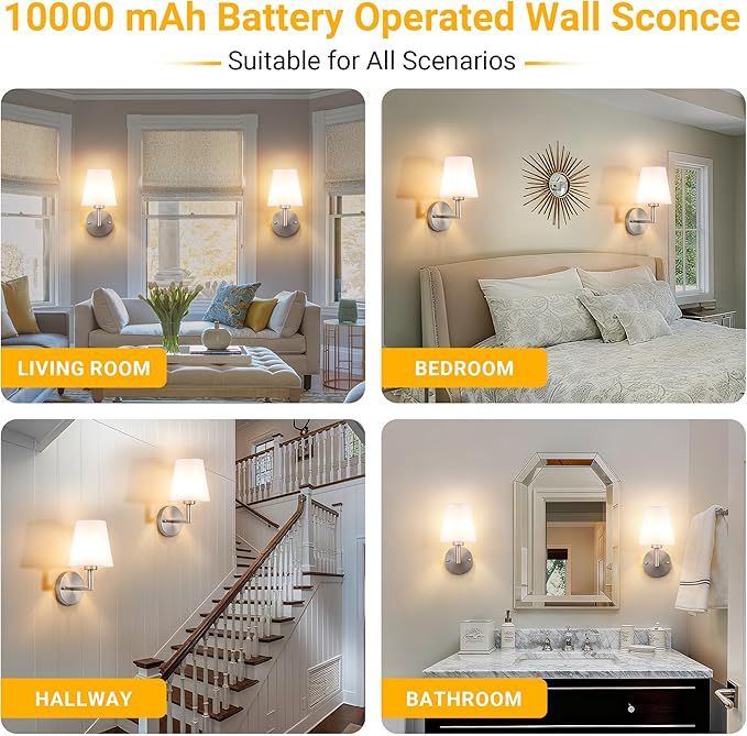 Peel and Stick Wall Sconces, Stick On Wall Sconce Set of 2, Battery Operated Wireless Wall Light, No Drill Adhesive Wall Lamp, Corn Bulb with 10000mAh Rechargeable Battery, Bedroom Wall Decor