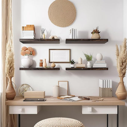 Brown Wood Floating Shelves for Wall Rustic Wall Shelf for Bedroom Living Room Set of 6