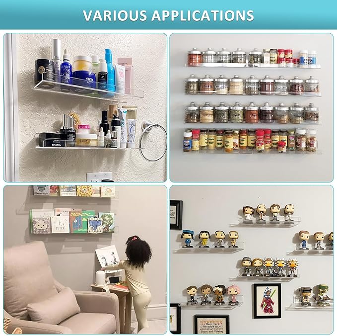 Albumgit 2 Pack Acrylic Shelves for Wall Storage, Self-Adhesive 15" Clear Floating Shelf for Figures, Photo, Makeup, Book, Wall Mounted Shelves for Bathroom, Living Room, Bedroom, Kitchen