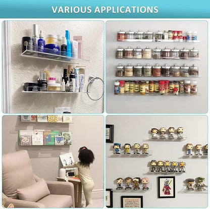 Albumgit 2 Pack Acrylic Shelves for Wall Storage, Self-Adhesive 15" Clear Floating Shelf for Figures, Photo, Makeup, Book, Wall Mounted Shelves for Bathroom, Living Room, Bedroom, Kitchen
